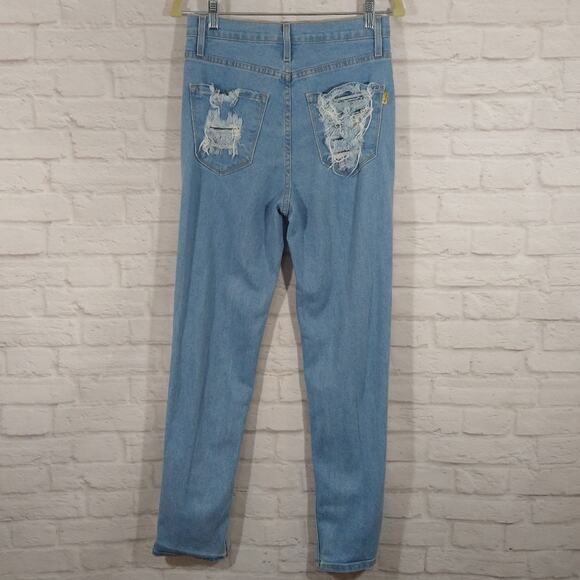 A Vibrant MIU Light Wash High Rise Waist Distressed Ripped Blue Denim Jeans 7 27 - Picture 5 of 10